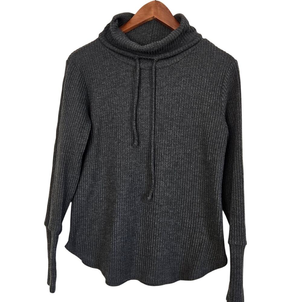 Utilitarian Chic Cabincore Dark Gray Ribbed Drawstring Mock‑Neck Sweater Medium